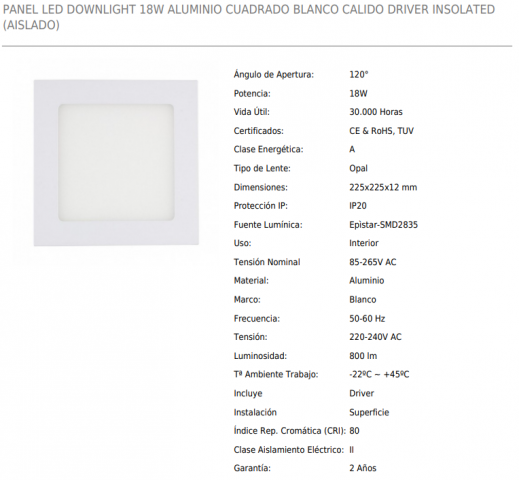 PANEL LED EMPOTRAR CUADRADO 18w 4000K *